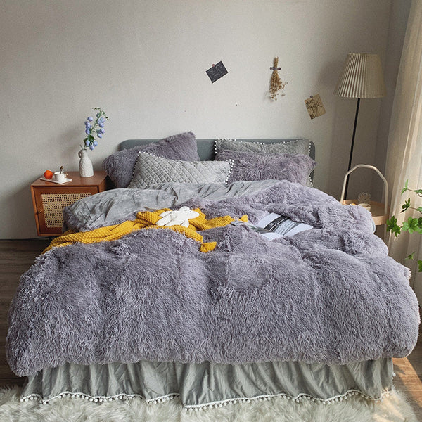 Therapeutic Fluffy Faux Mink & Velvet Fleece Quilt Cover Set - Soft Grey
