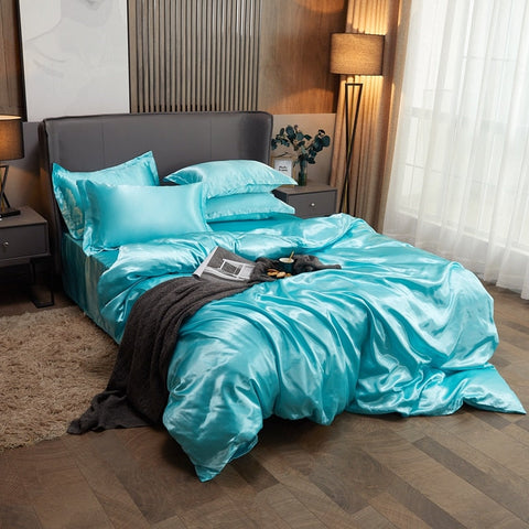 Satin Bedding Set - Aqua Blue