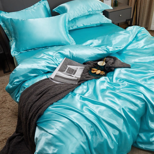 Satin Bedding Set - Aqua Blue