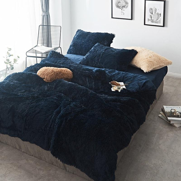 Therapeutic Fluffy Velvet Fleece Quilt Cover and Pillowcases - Navy