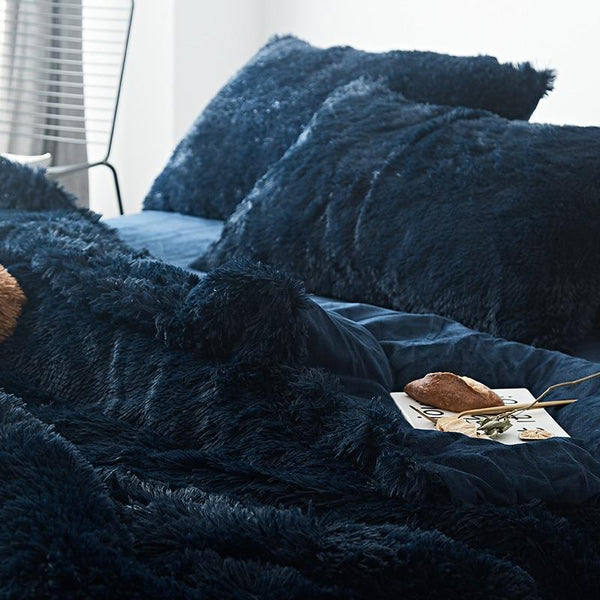 Therapeutic Fluffy Velvet Fleece Quilt Cover Set - Dark Blue