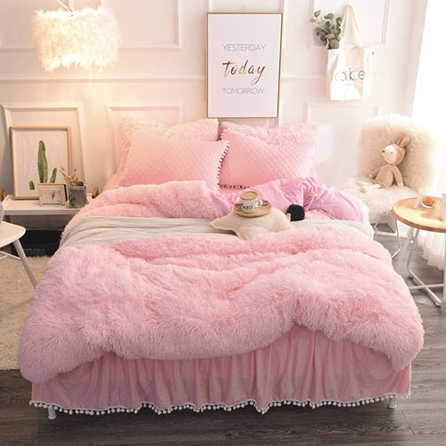 Therapeutic PomPom Fluffy Mink Fleece Bed Set - Soft Pink