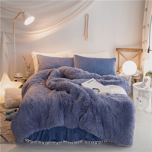 Therapeutic PomPom Fluffy Mink Fleece Bed Set - Blue