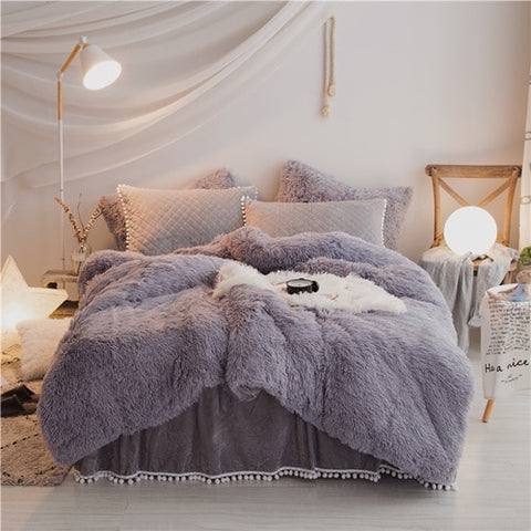 Therapeutic PomPom Fluffy Mink Fleece Bed Set - Light Grey