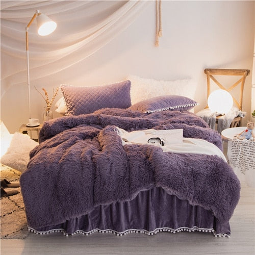 Therapeutic PomPom Fluffy Mink Fleece Bed Set - Dark Night