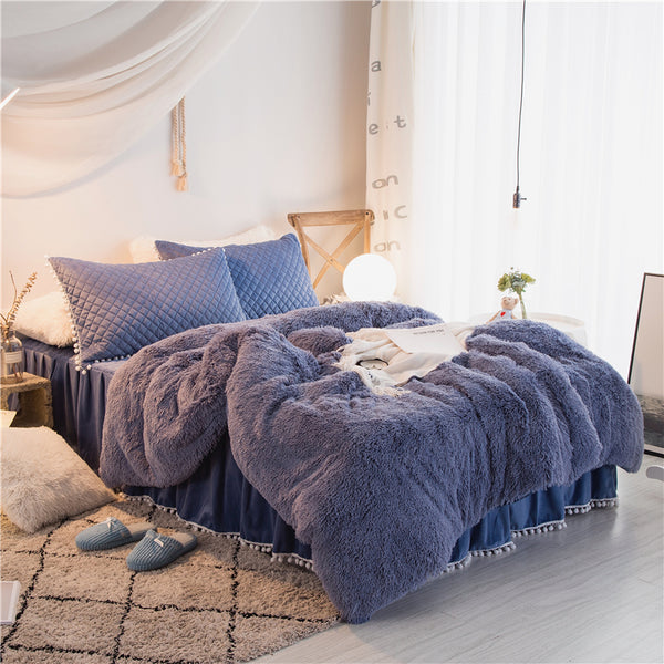 Therapeutic PomPom Fluffy Mink Fleece Bed Set - Blue