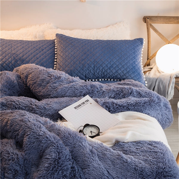 Therapeutic PomPom Fluffy Mink Fleece Bed Set - Blue
