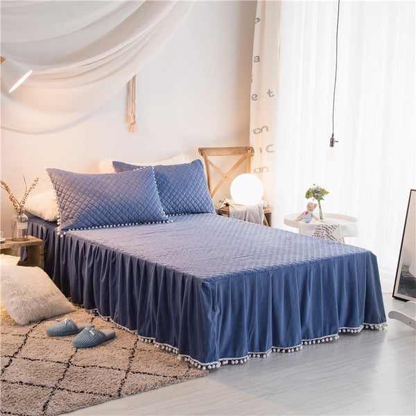 Therapeutic PomPom Fluffy Mink Fleece Bed Set - Blue