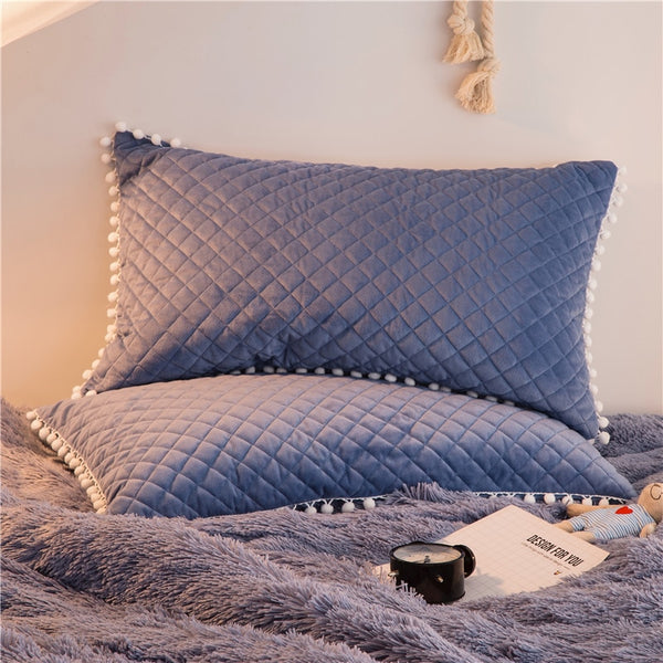 Therapeutic PomPom Fluffy Mink Fleece Bed Set - Blue