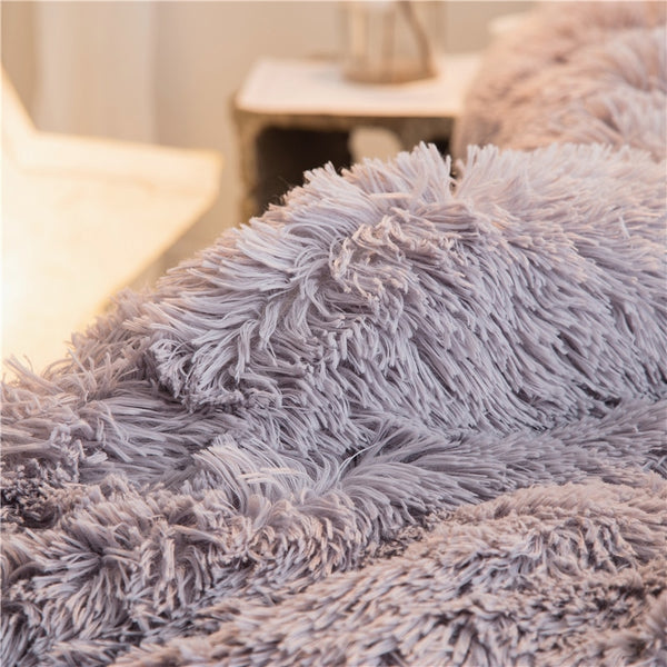 Therapeutic PomPom Fluffy Mink Fleece Bed Set - Light Grey