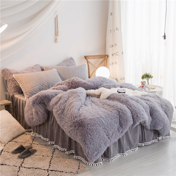 Therapeutic PomPom Fluffy Mink Fleece Bed Set - Light Grey