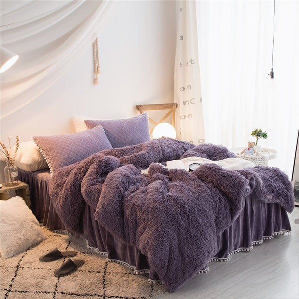 Therapeutic PomPom Fluffy Mink Fleece Bed Set - Dark Night