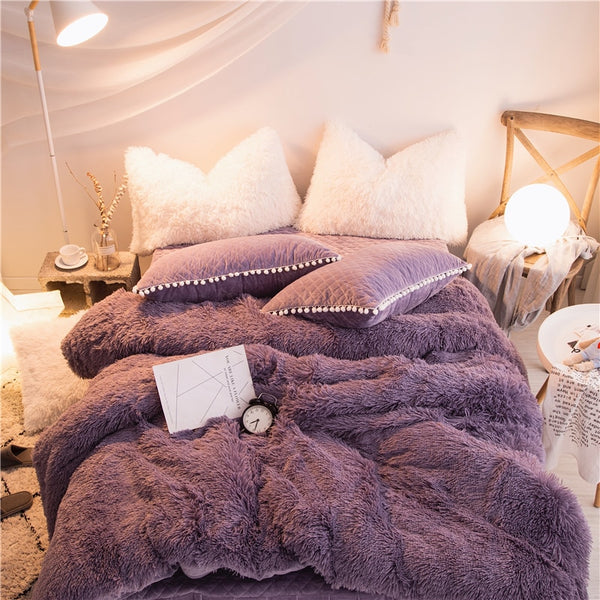 Therapeutic PomPom Fluffy Mink Fleece Bed Set - Dark Night