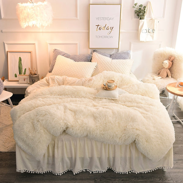 Therapeutic PomPom Fluffy Mink Fleece Bed Set - Cream
