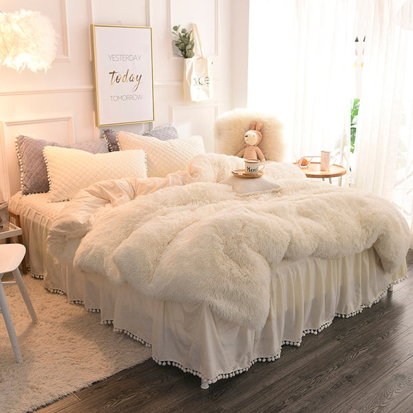 Therapeutic PomPom Fluffy Mink Fleece Bed Set - Cream