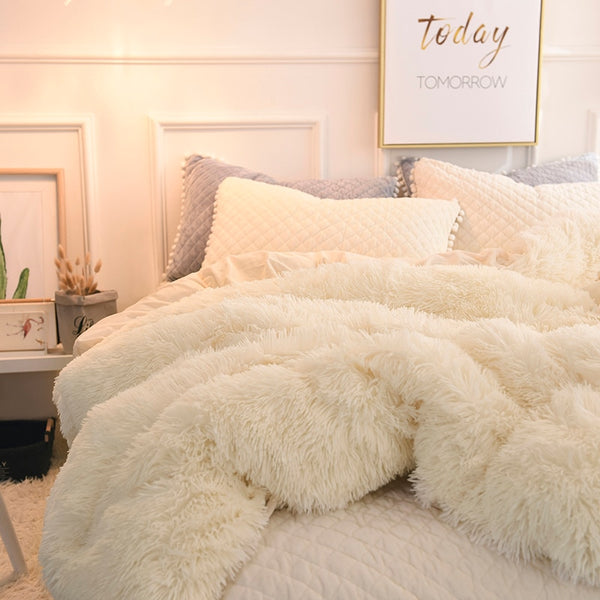 Therapeutic PomPom Fluffy Mink Fleece Bed Set - Cream