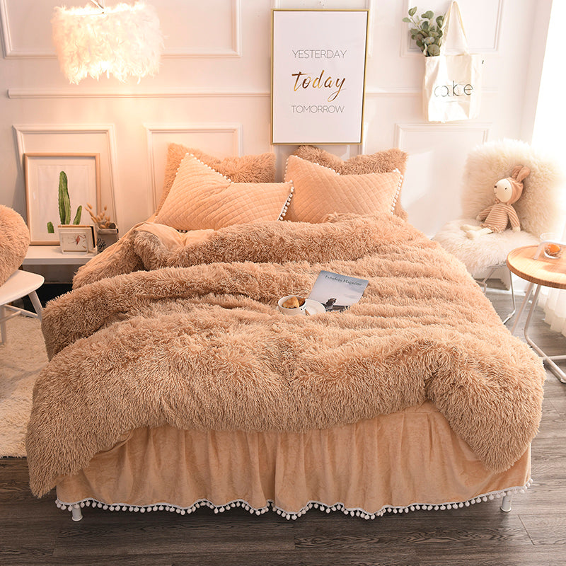 Therapeutic PomPom Fluffy Mink Fleece Bed Set Camel Bedding For All